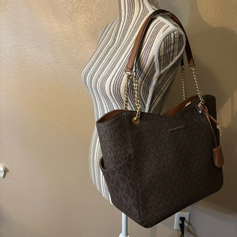 NWT Michael Kors Bag Jet Set Travel Large Chain Shoulder Tote Brown Gold Accents - Picture 11 of 16